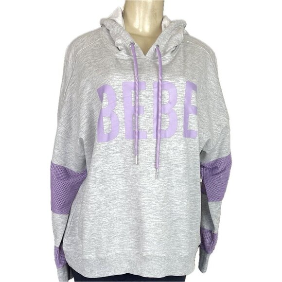 Bebe +1X Gray Heather Logo Drawstring Neck Purple Mesh Detail Long Sleeve Hoodie - Picture 2 of 6
